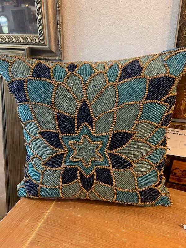Pillow Beaded, Hand Embroidered 16x16"