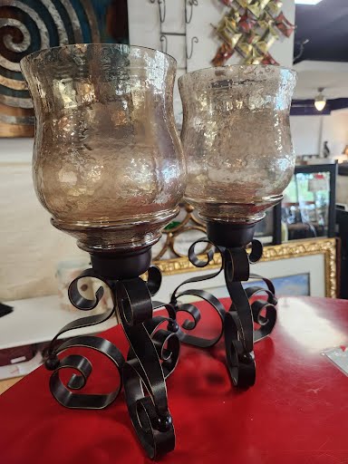 SET OF 2- Iron Base Smoked Glass Candleabra