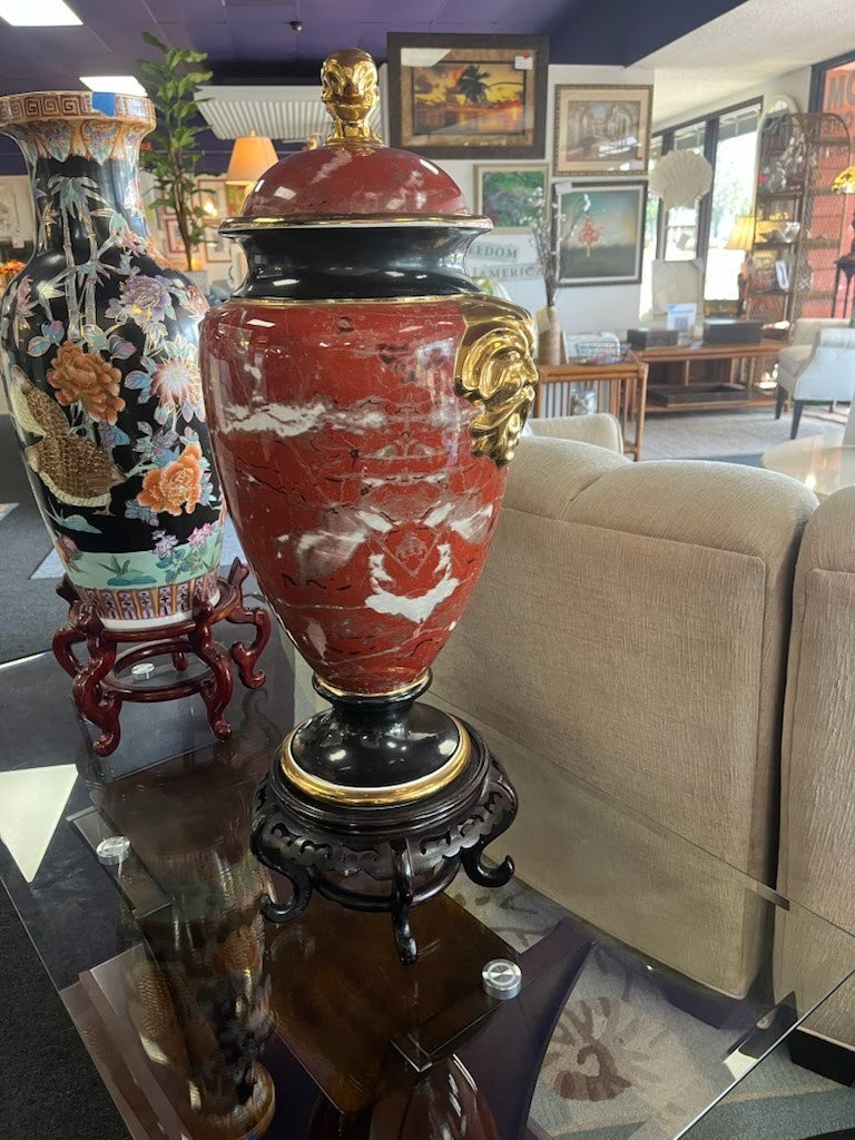 Luxury Italian Faux Marble Medieval Themed Large Lidded Urn 24" with Black Stand