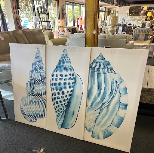 SET OF 3- Canvas Blue Beach SHells Wall Art