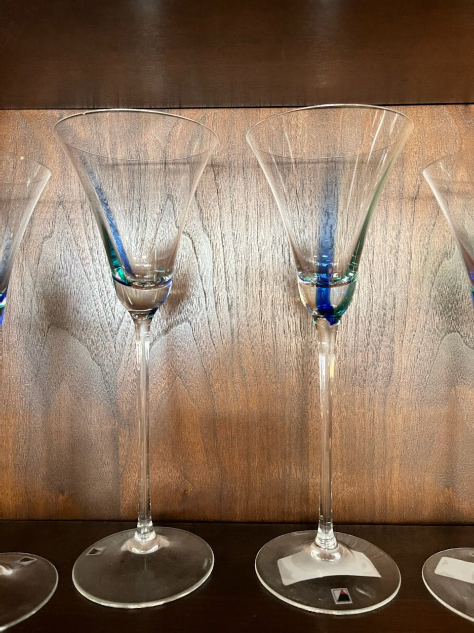 Set/2 Clear "Carnival" Splash Goblet Spiral Cord Blue/Green Signed Opus