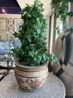 Tan Vase with Painted Flowers and Plant