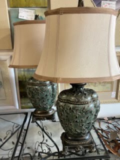 Set/2 Bronze Blue Traditional Table Lamps with Beige Shades