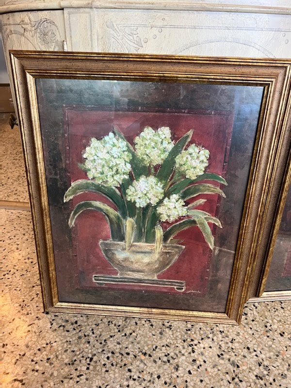 Burgundy painting with vase and white flowers