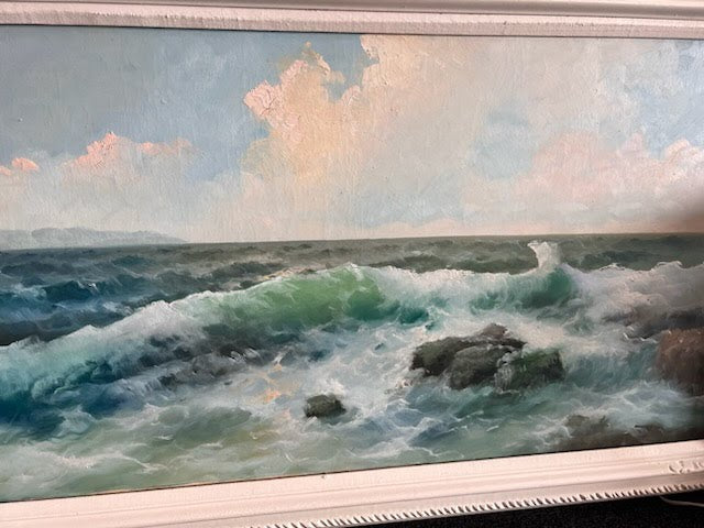 Canvas in white wood frame, ocean waves crashing