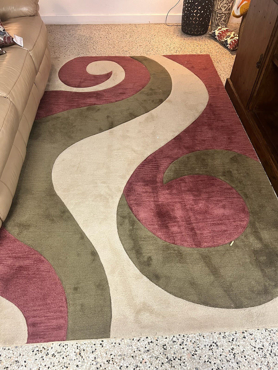 Green, Cream and Red Swirl Area Rug