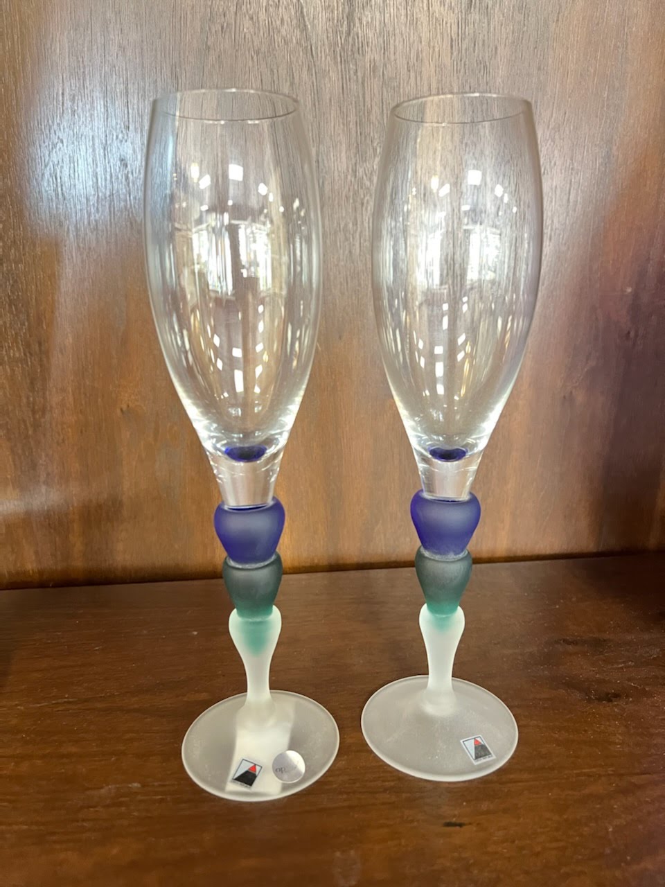 Handblown Green Champagne Flutes, Set of 2