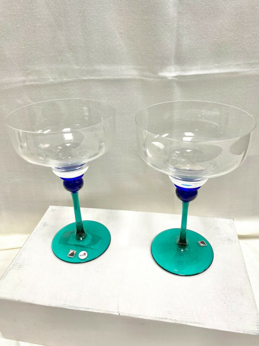 Set/2 Signed Margarita Opus "Mardi Gras" Clear Green Stem