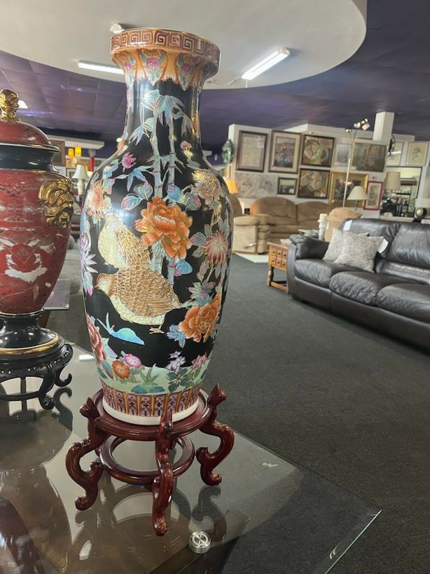 Black Oriental Multicolored Flowered Vase