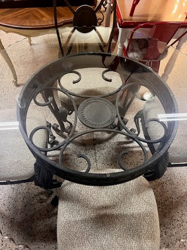 Dining Set 54" Round Glass Top w. Four Heavy Iron Chairs