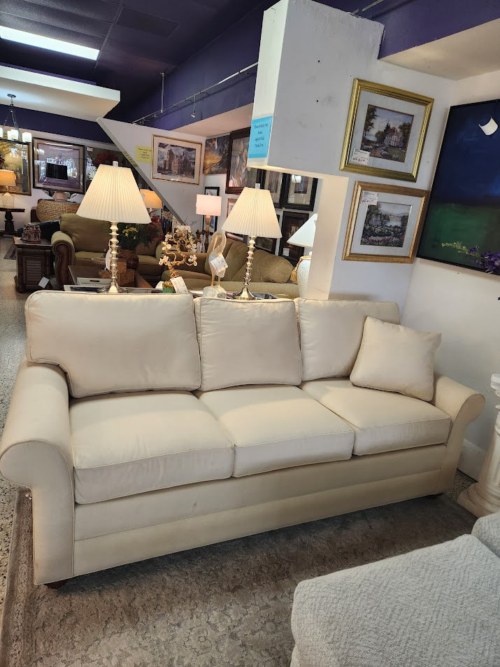 Ethan Allen Rolled White Fabric Sofa