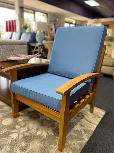 Teak outdoor chair w/ blue Sunbrella fabric