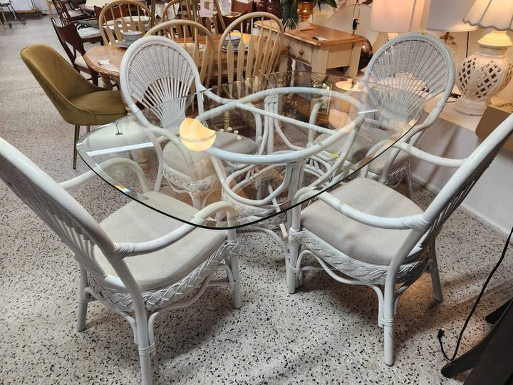 Dining Set White Bamboo Glass Top w. 4 Chairs