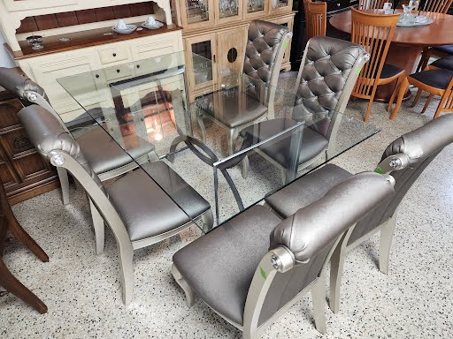 **AS IS** Dining Set Modern Glass Top Silver 6 Chairs