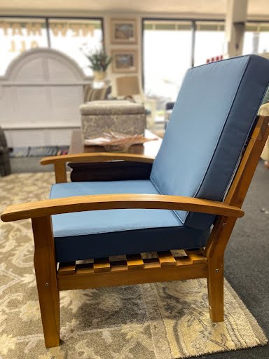Teak outdoor chair w/ blue Sunbrella fabric