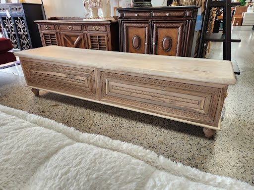 Hand Carved NOELLE Storage Bench in Driftwood *As is*