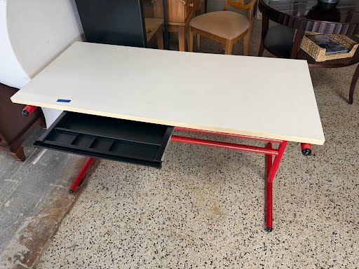 Vintage Red tubular Desk/ White top pull out drawer