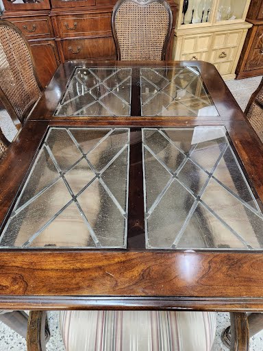 Dark Wood Eteched Glass Inserts Dining Set w. 6 Chairs +2 Leaves