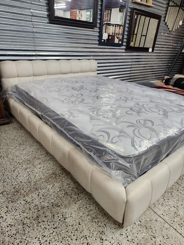 Beige Fabric Queen Bed
