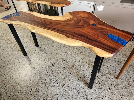 65.5" Raw Edge Freeform Wood w Blue Resin Sofa Table