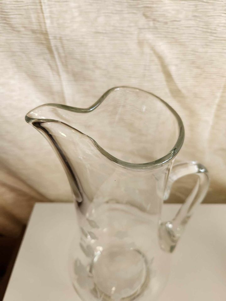 Vintage Etched Glass Pitcher w. handle, 13" tall