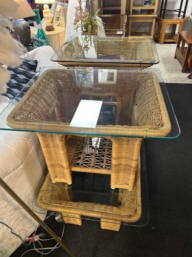 Table Set 3 Piece Vintage Wicker Glass Tops Coffee Table & End Tables