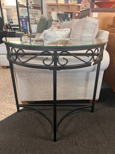 Sofa Table Half Moon Blk Metal Glass Top