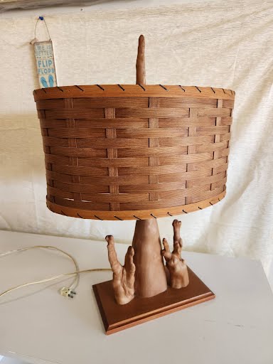 UNIQUE RARE Mid Century Modern Sculptural Cypress Root Table Lamp with Rattan Shade