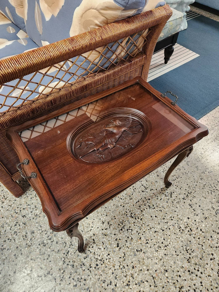 Vintage Louis XV  Walnut Side Table with Glass Tray Carved Venus