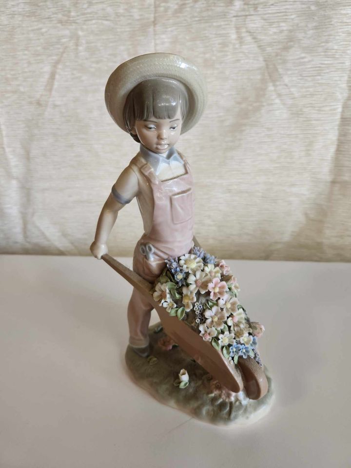 Lladro The Little Gardener Figurine Boy with Wheelbarrow