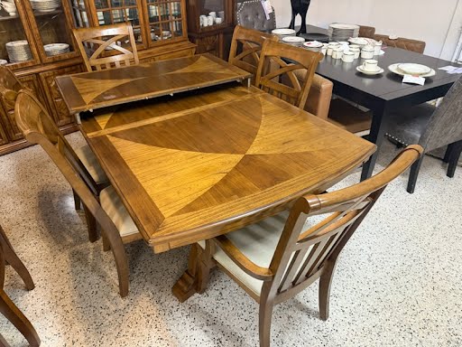 Dining Set Inlaid Wood w. 6 Chairs + 1 Leaf