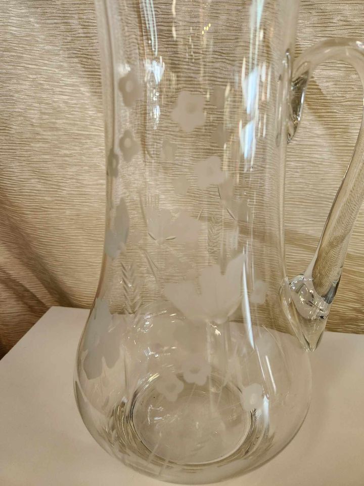 Vintage Etched Glass Pitcher w. handle, 13" tall