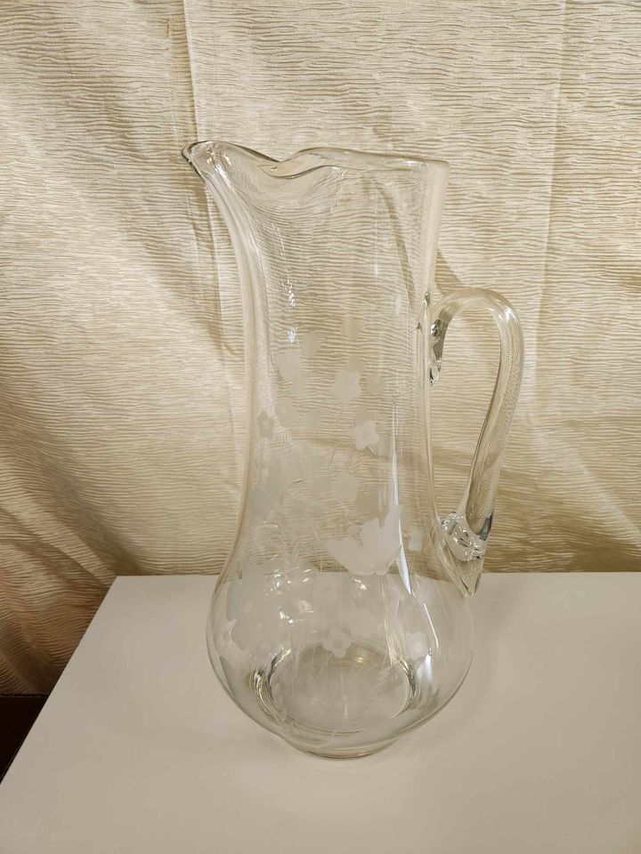 Vintage Etched Glass Pitcher w. handle, 13" tall