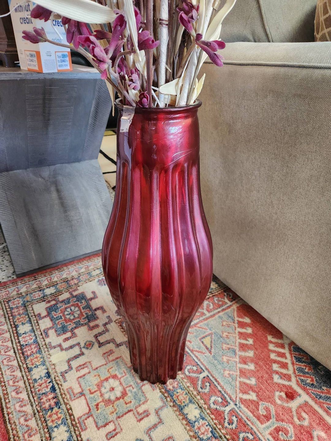 24" Tall Red Floor Vase w. Flower Stick Decor