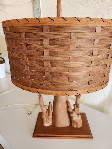 UNIQUE RARE Mid Century Modern Sculptural Cypress Root Table Lamp with Rattan Shade