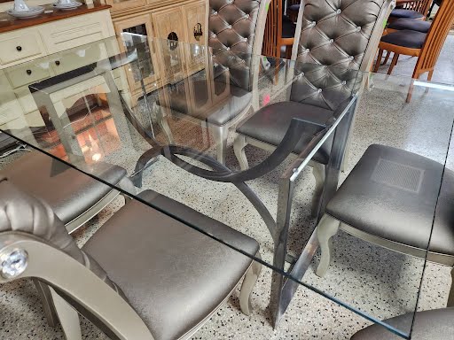 **AS IS** Dining Set Modern Glass Top Silver 6 Chairs