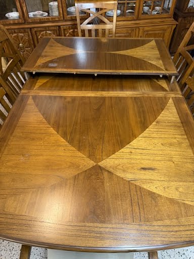 Dining Set Inlaid Wood w. 6 Chairs + 1 Leaf