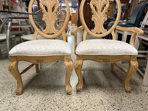 SET OF 6- Whitewash  Carved Wood Dining Chairs