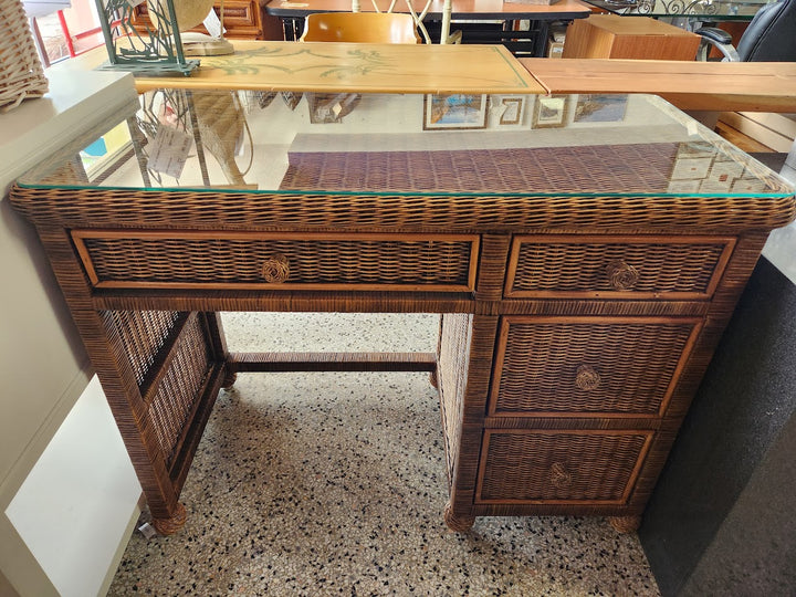 Woven wicker desk w/ glass top