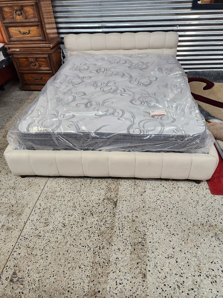 Beige Fabric Queen Bed