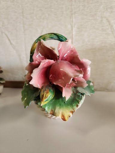 Vintage Bassano Centerpiece Porcelain/Ceramic Flowers, Roses in Basket