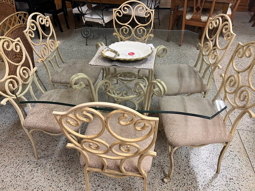 Iron Base Glass Top Dining Set with 6 Chairs