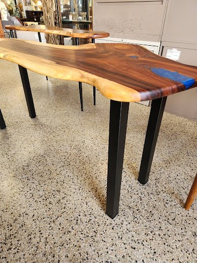 65.5" Raw Edge Freeform Wood w Blue Resin Sofa Table
