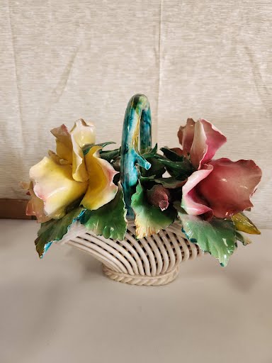 Vintage Bassano Centerpiece Porcelain/Ceramic Flowers, Roses in Basket