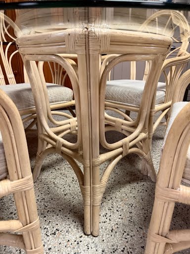 Round Glass To Bamboo/Rattan Dining Set