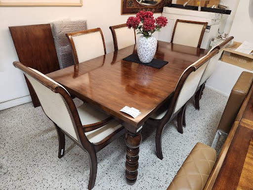 Dining Set Dark Wood w. 2 Leaves & 6 Chairs