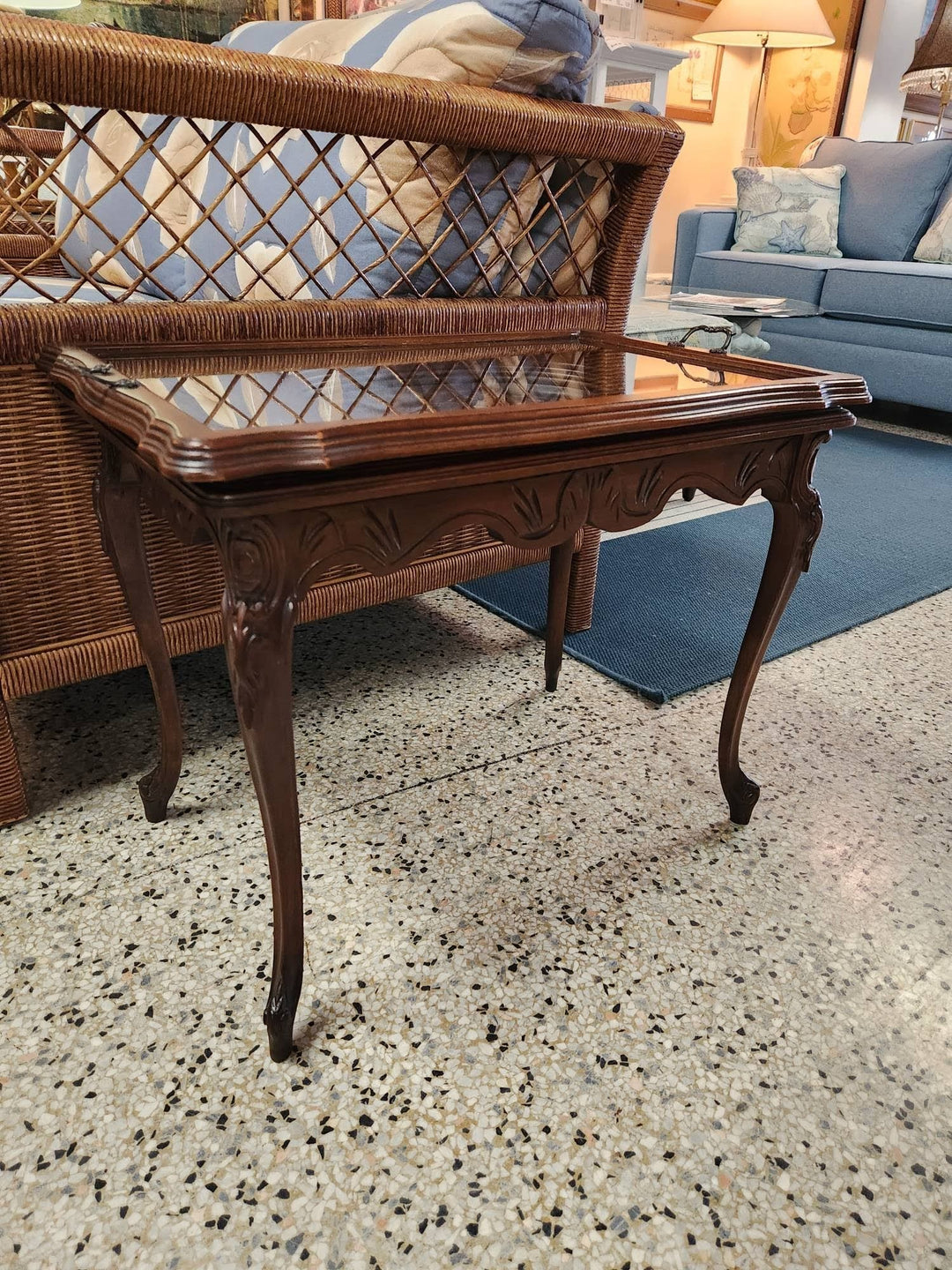 Vintage Louis XV  Walnut Side Table with Glass Tray Carved Venus