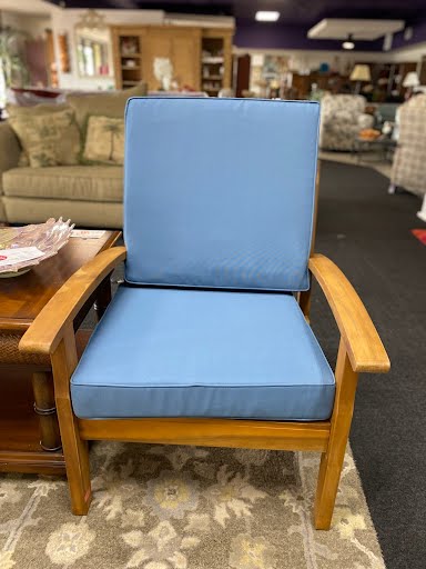 Teak outdoor chair w/ blue Sunbrella fabric