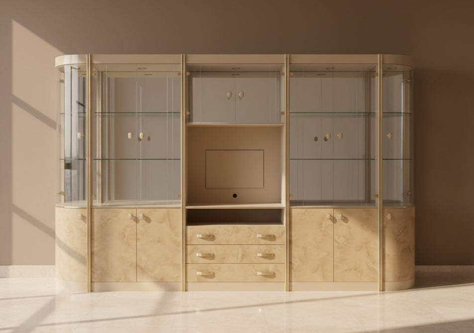 5-piece entertainment center brings contemporary Italian design wall unit with glass panels and drawers.