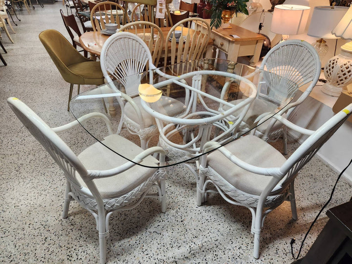 Dining Set White Bamboo Glass Top w. 4 Chairs